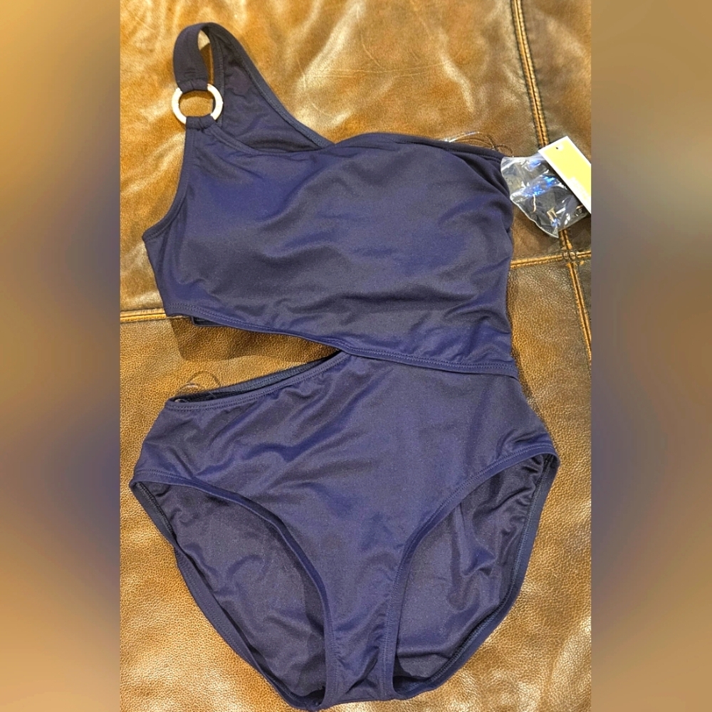 NWT MICHEAL Michael Kors One Shoulder Cut Out Swimsuit: Color- Navy: Size- 10